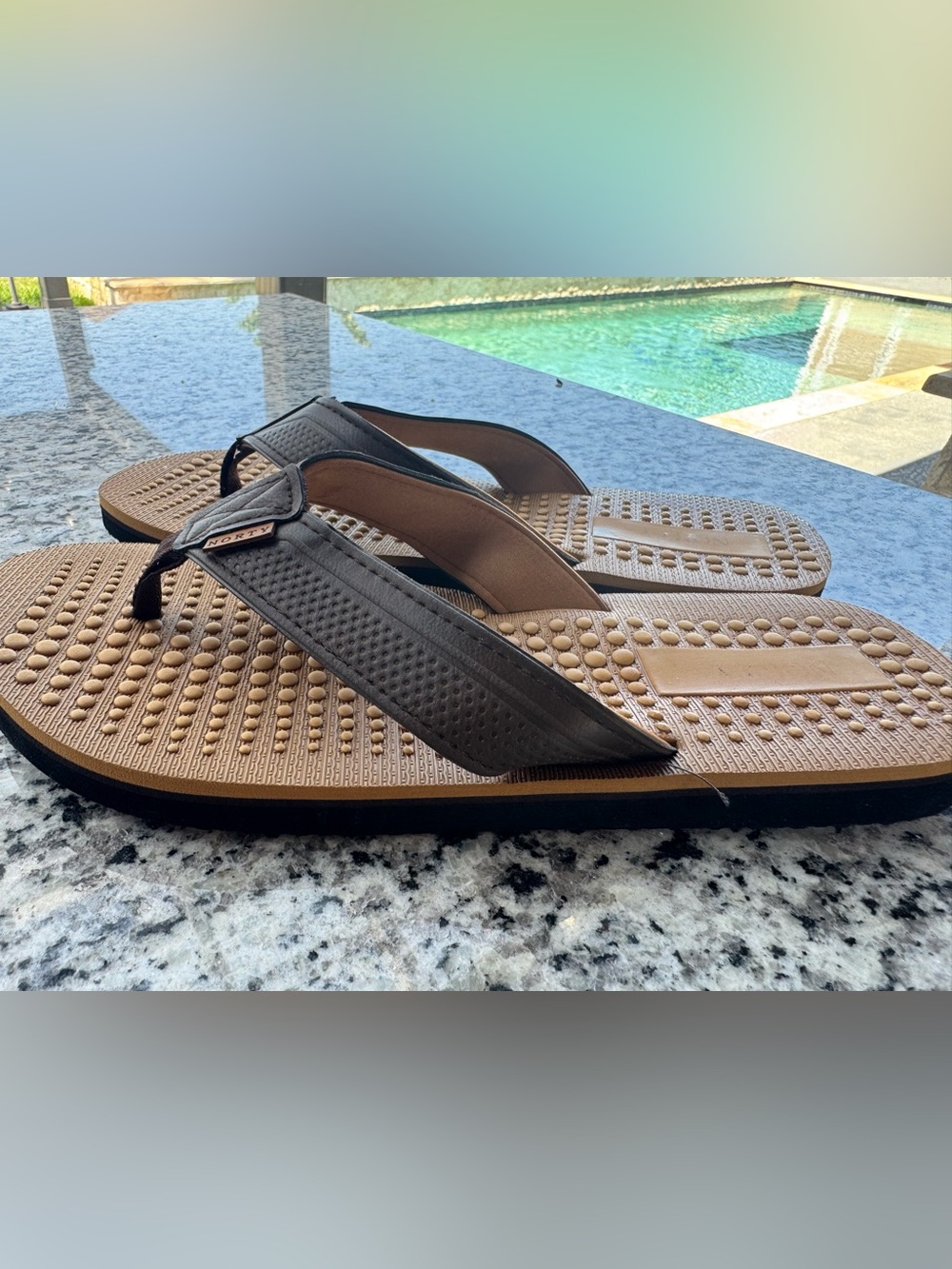 Men's Brown Footbed Flip Flops with Black Straps size 12